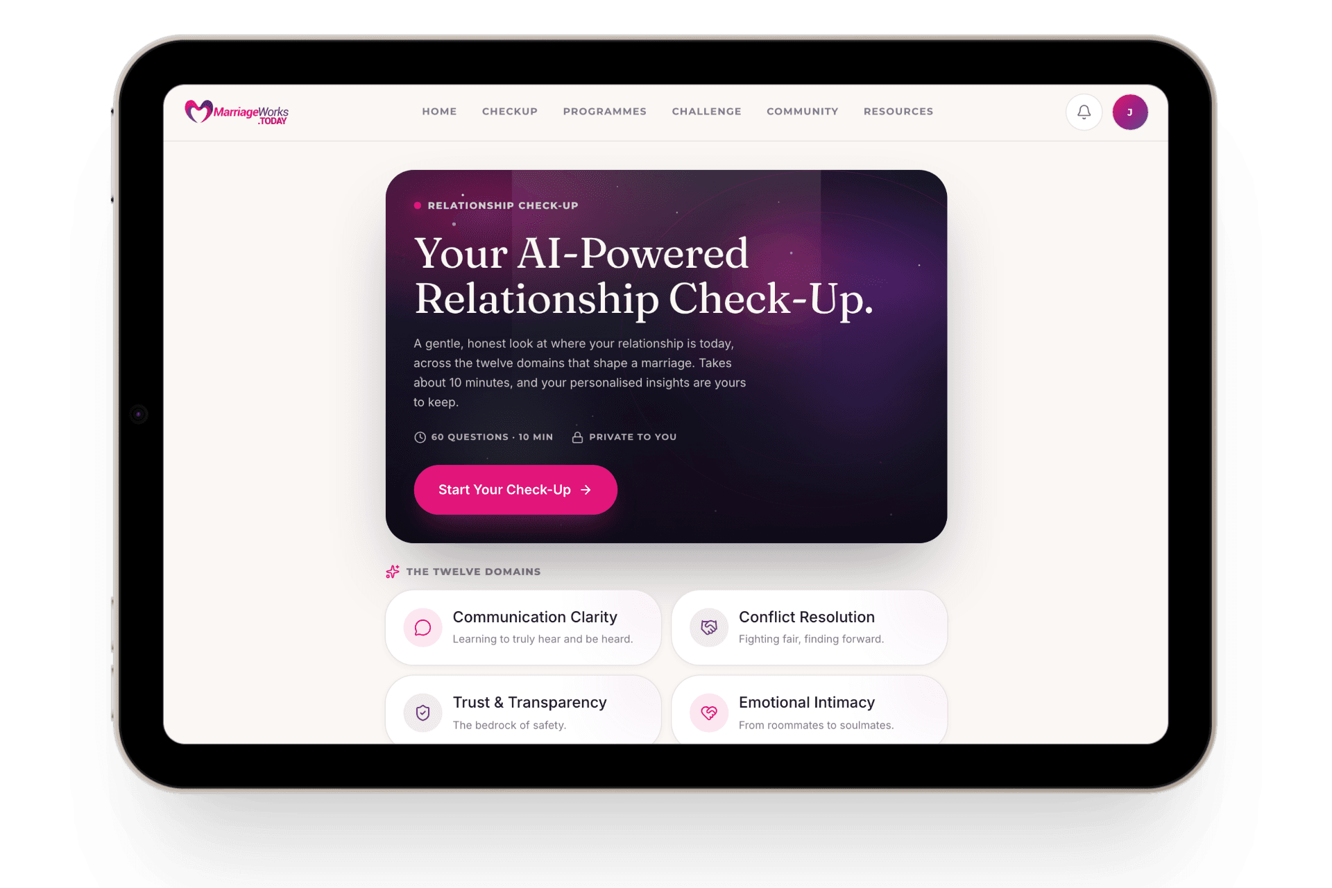 MarriageWorks.TODAY app dashboard