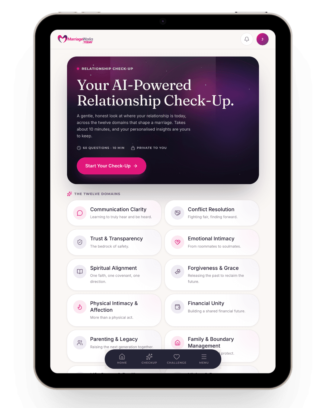 MarriageWorks.TODAY app dashboard
